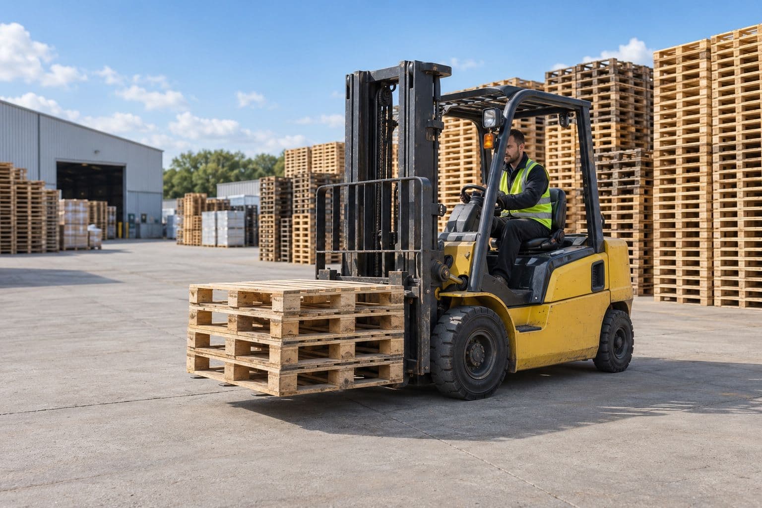 Yellow forklift carrying wooden pallets in an outdoor pallet yard